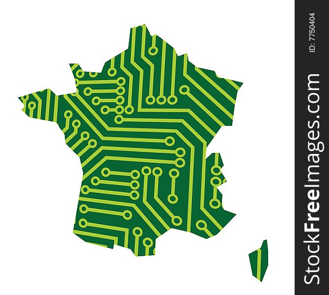 Contour of France filled with the pattern of circuit board. Contour of France filled with the pattern of circuit board