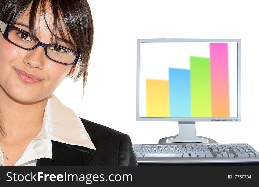 Young businesswoman and lcd on white background. Young businesswoman and lcd on white background