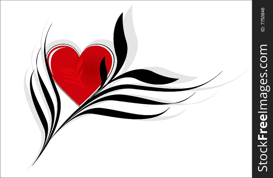 Red heart and black leaves on a white background. Red heart and black leaves on a white background.