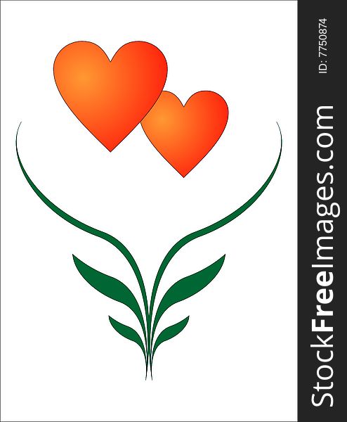 Two red hearts and green leaves on a white background. Two red hearts and green leaves on a white background.