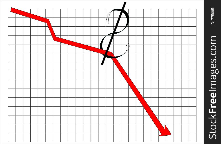 Red arrow - pointer, falling downward,  and symbol of dollar. Red arrow - pointer, falling downward,  and symbol of dollar.