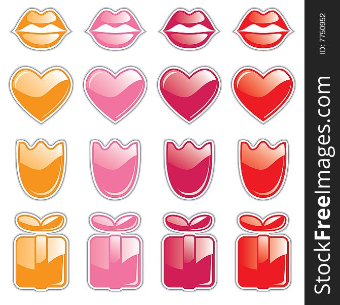 Lips, hearts, tulips and gifts glossy web buttons. Lips, hearts, tulips and gifts glossy web buttons