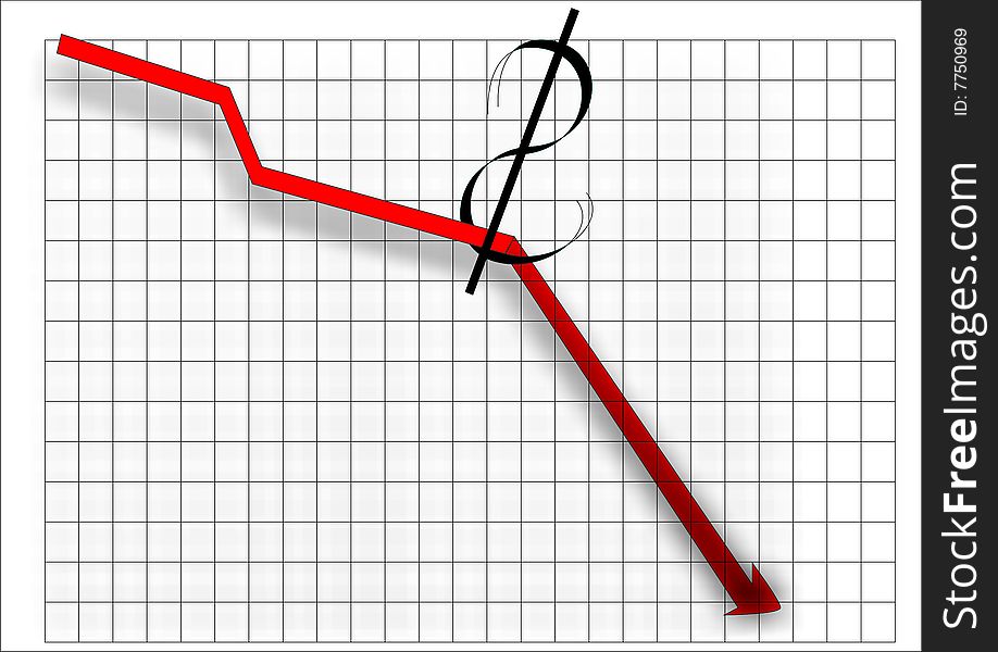 Red arrow - pointer, falling downward, and symbol of dollar. Red arrow - pointer, falling downward, and symbol of dollar.