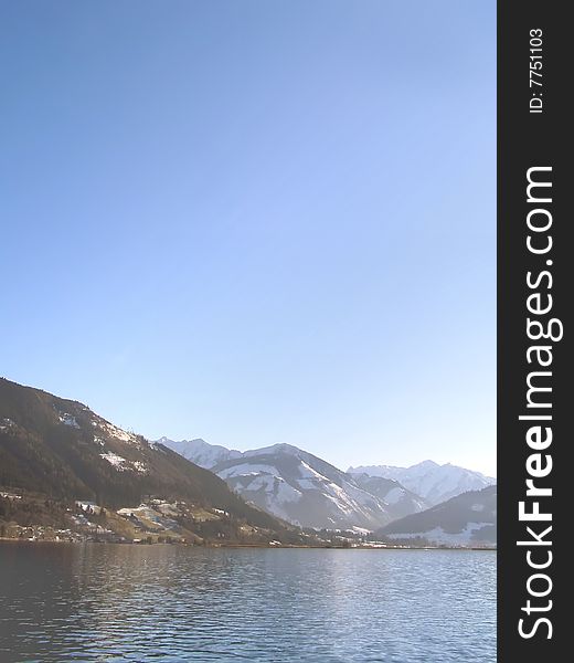 Beautiful  alpine mountain lake in sunset