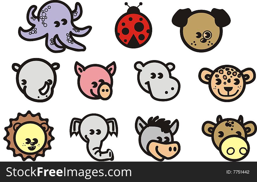 Funny animal's heads graphic illustration