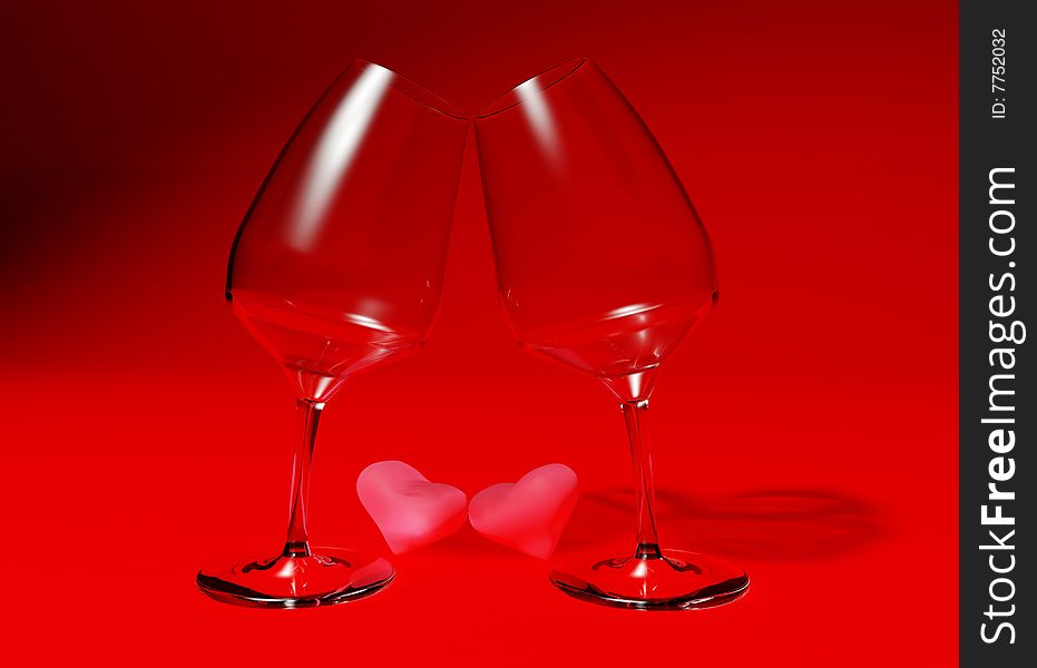 A composition rendered in 3d depicting a couple of wine glasses leaning towards each other with a couple of wax hearts in the middle. Ideal for a valentine's day presentation or as a background. A composition rendered in 3d depicting a couple of wine glasses leaning towards each other with a couple of wax hearts in the middle. Ideal for a valentine's day presentation or as a background.