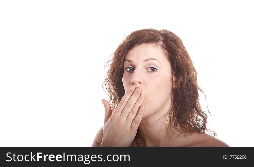 A young beautiful woman is surprised. Isolated over white with a lot of copy space. A young beautiful woman is surprised. Isolated over white with a lot of copy space.