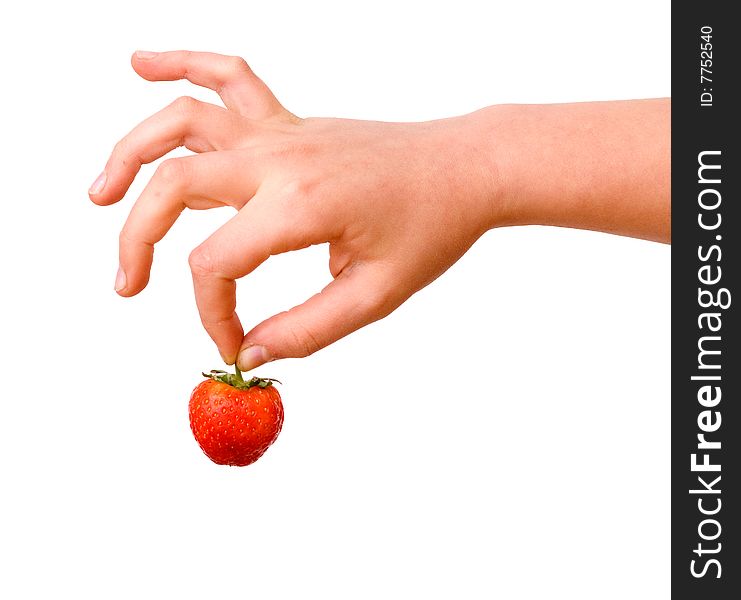Hand with strawberry isolated on white background