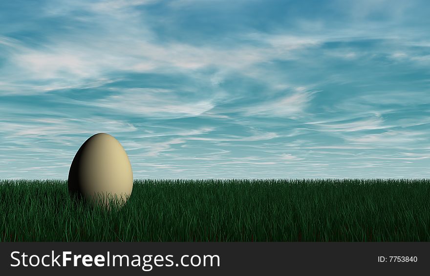 Easter Egg In The Gras With Blue Sky