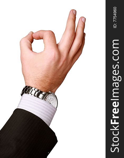 Businessman showing ok sign isolated on white