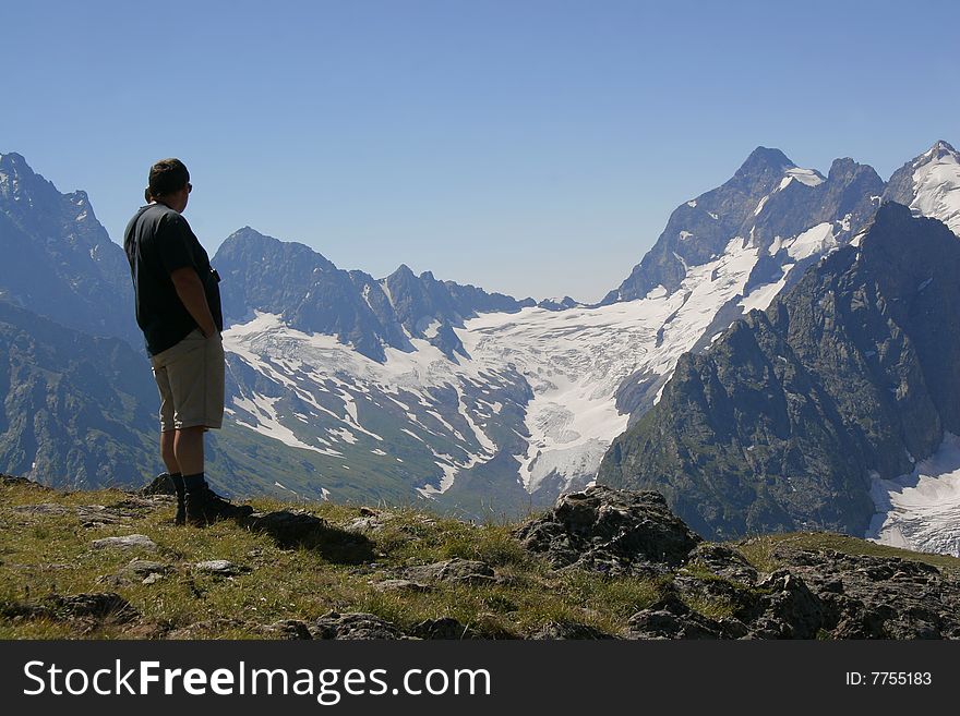 Hiker in the Caucasus mountains