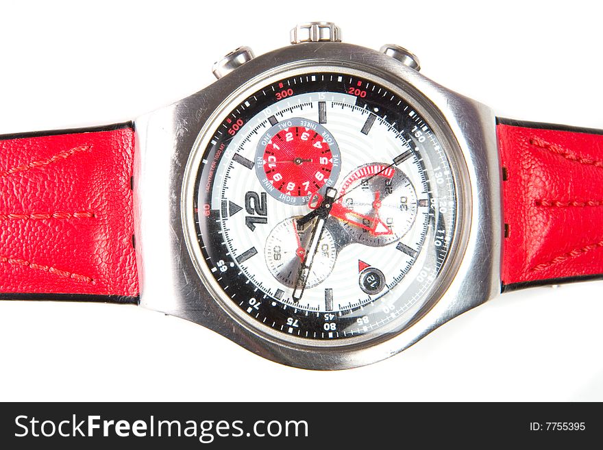 Men's watch with red wristlet on white ground. Men's watch with red wristlet on white ground