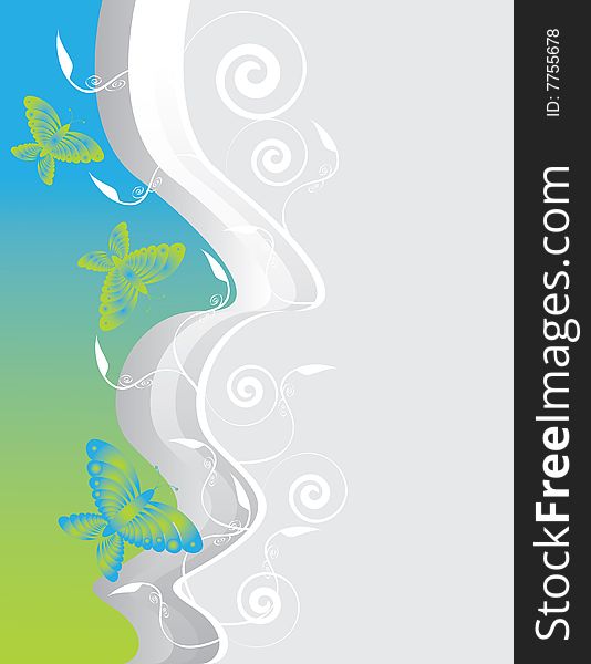 Butterflies and foliage are featured in an abstract background illustration. Butterflies and foliage are featured in an abstract background illustration.