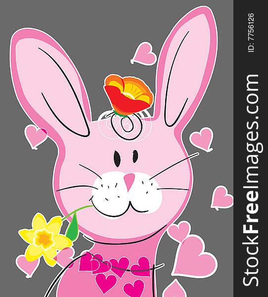 Cartoon happy piggy with flower on a gray background/ format. Cartoon happy piggy with flower on a gray background/ format