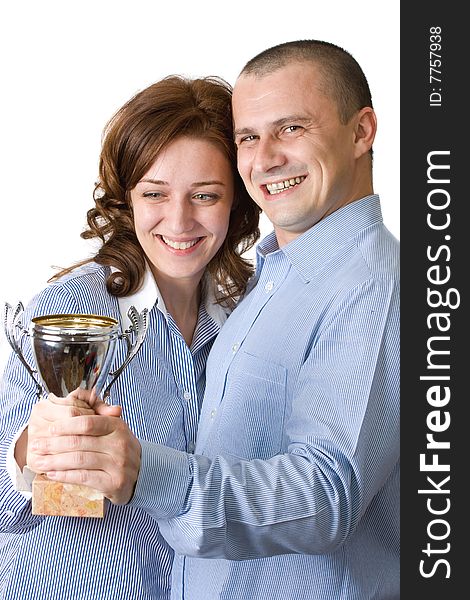 Businessteam with trophy over white background