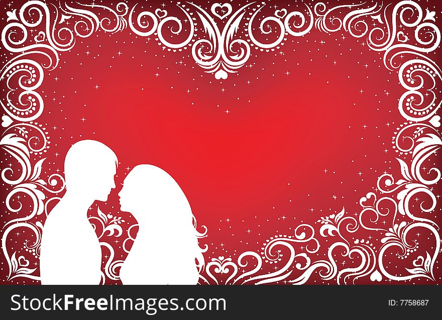 Pattern in a shape of a heart on the red background with sparkles and silhouettes of man and woman.
. Pattern in a shape of a heart on the red background with sparkles and silhouettes of man and woman.