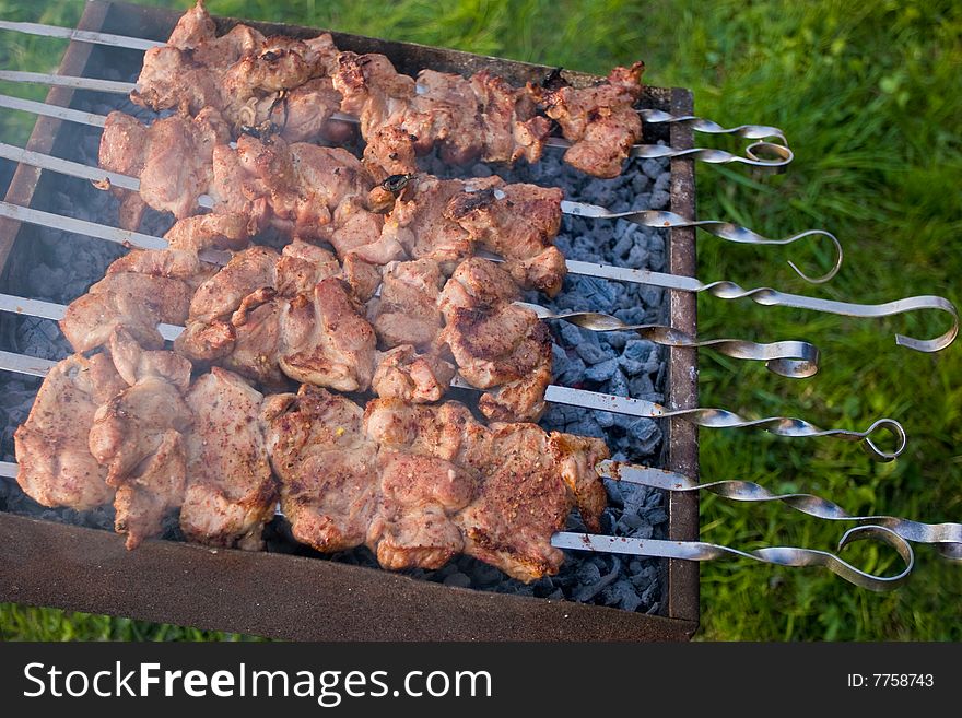 Food series: tasty shashlik meat on the brazier