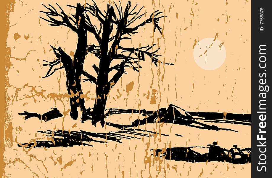 Vector abstract drawing tree in desert