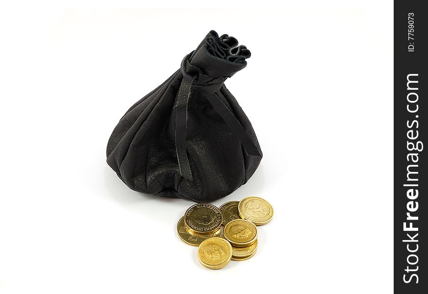 Vintage styled leather pouch and golden coins. Vintage styled leather pouch and golden coins