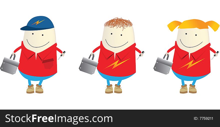 A set of 3 cartoon characters of an electrician, male and female. A set of 3 cartoon characters of an electrician, male and female