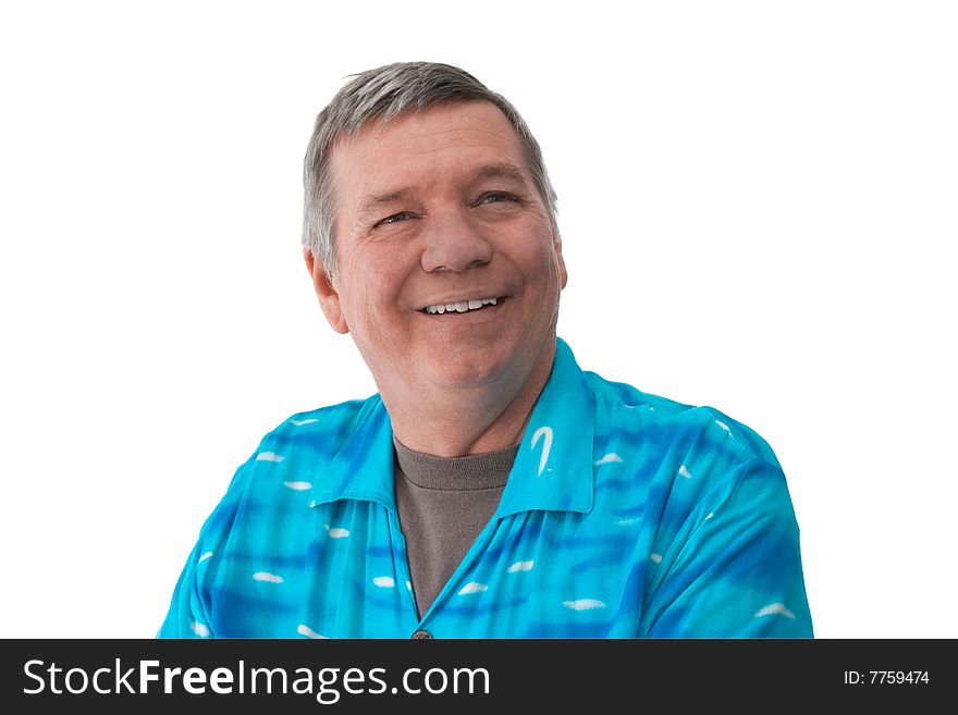 Portrait of a smiling 57 year old senior man wearing a bright blue shirt, isolated on white background. Portrait of a smiling 57 year old senior man wearing a bright blue shirt, isolated on white background.