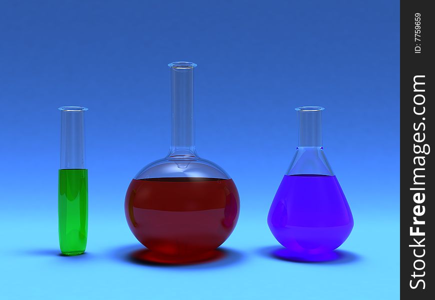 3d illustration of chemical bottles with colorful liquids. 3d illustration of chemical bottles with colorful liquids