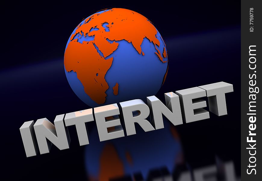 Abstract 3d illustration of globe and text 'internet' on front