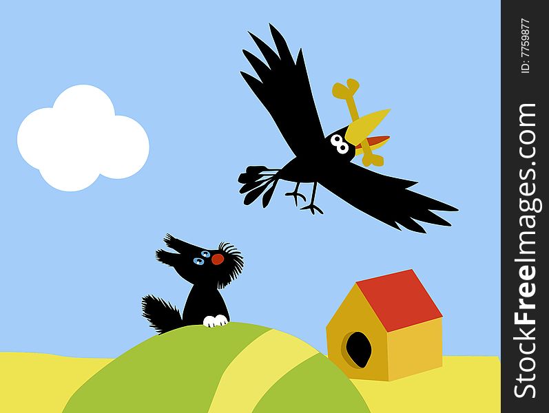 Vector illustration of the small dog and crow