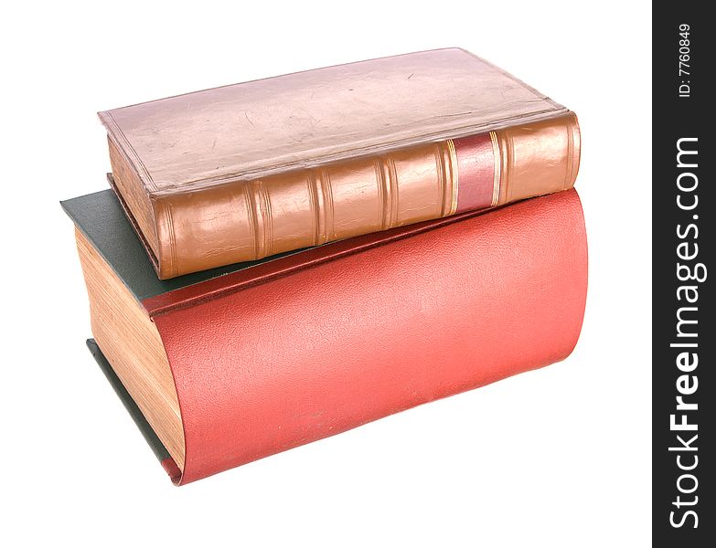 Old leather bound books isolated on a white background