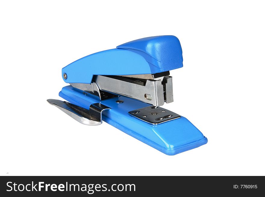 Blue stapler isolated on white background.