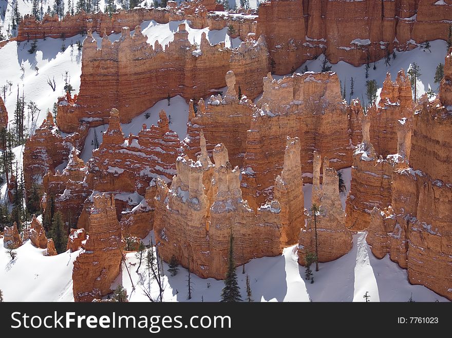 A Bryce Canyon Hoodoos found in great contrast with the winter snow. A Bryce Canyon Hoodoos found in great contrast with the winter snow.