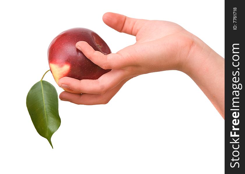 Girl's hand with apple isolated on white background