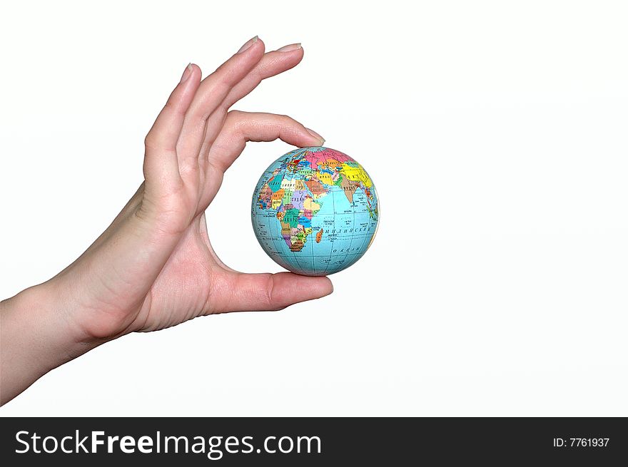 Hand holding a planet on a white background