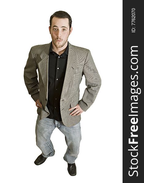 Surprised businessman with a casual sport jacket and jeans isolated on white. Surprised businessman with a casual sport jacket and jeans isolated on white.