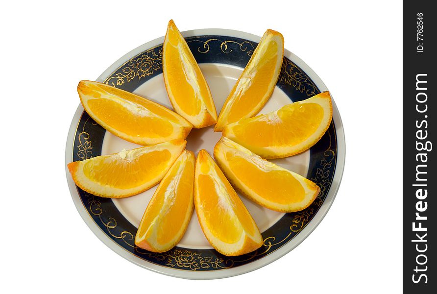 A close-up of the slices of orange on plate,. A close-up of the slices of orange on plate,