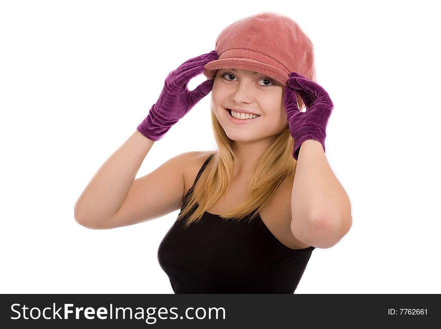 Portrait of the beautiful young girl in gloves on a white background