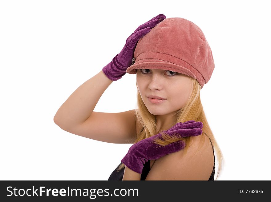 Portrait of the beautiful young girl in gloves on a white background. Portrait of the beautiful young girl in gloves on a white background