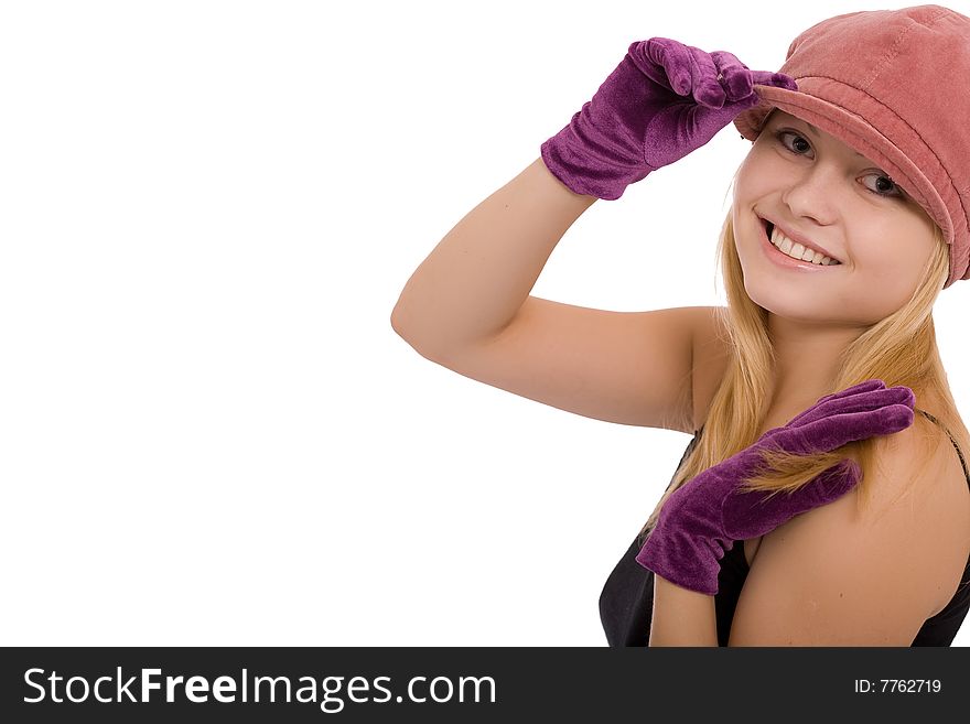 Portrait of the beautiful young girl in gloves on a white background. Portrait of the beautiful young girl in gloves on a white background