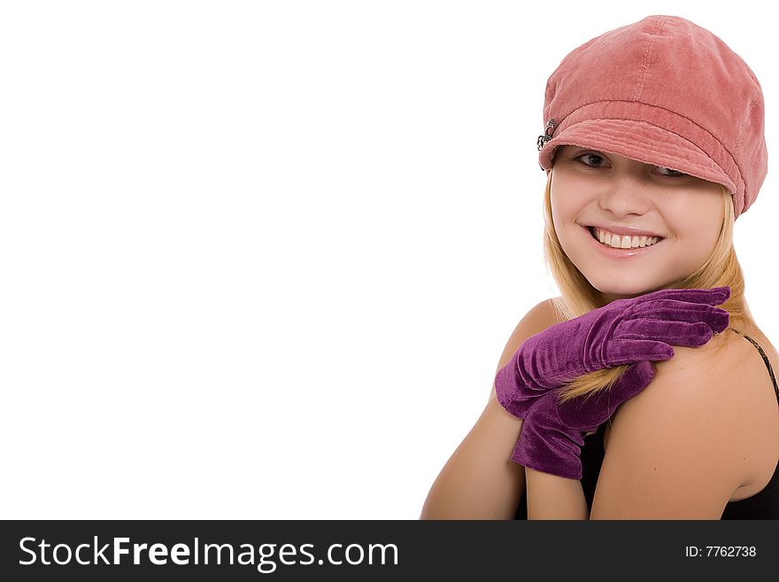 Portrait of the beautiful young girl in gloves on a white background. Portrait of the beautiful young girl in gloves on a white background