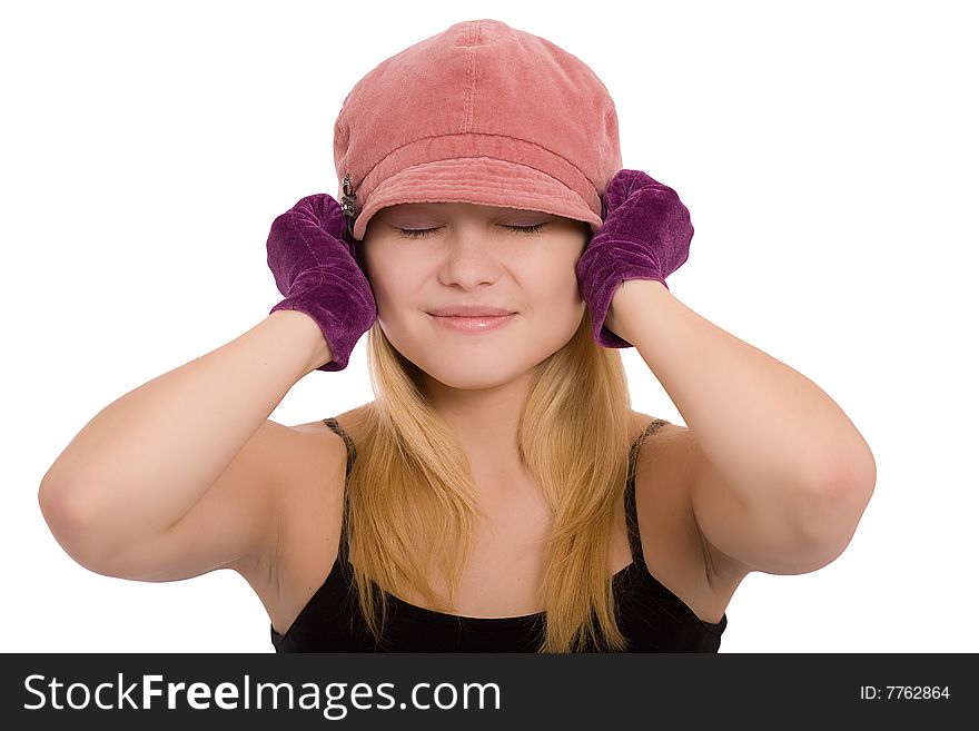 Portrait of the beautiful young girl in gloves on a white background