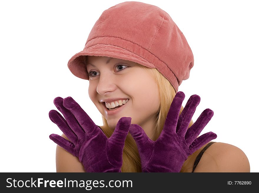 Portrait of the beautiful young girl in gloves on a white background. Portrait of the beautiful young girl in gloves on a white background