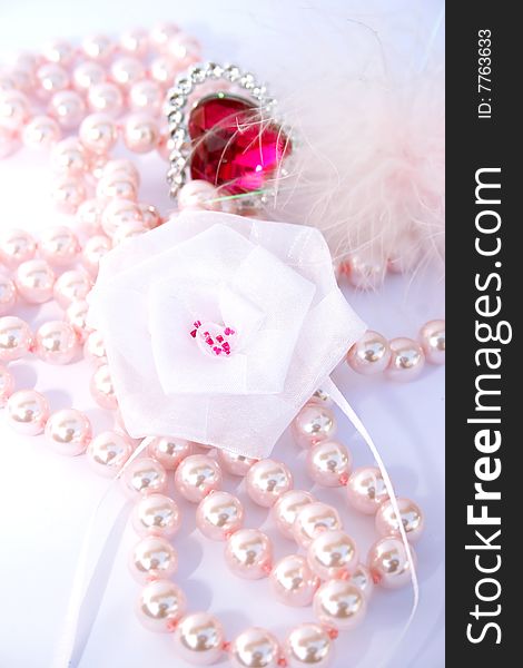 Red valentine heart,pink pearls,white ribbon. Red valentine heart,pink pearls,white ribbon.
