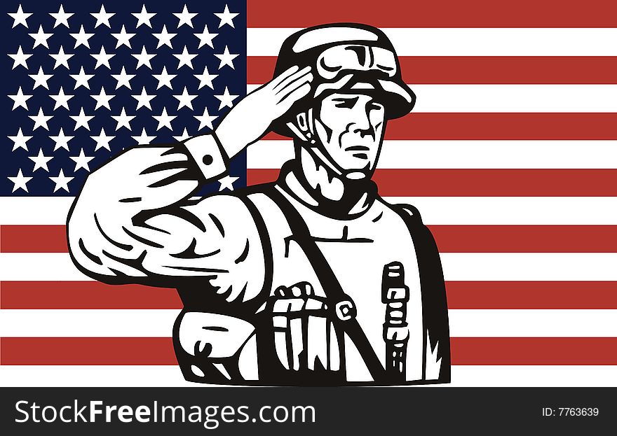 Vector art of an American Military serviceman saluting the stars and stripes. Vector art of an American Military serviceman saluting the stars and stripes