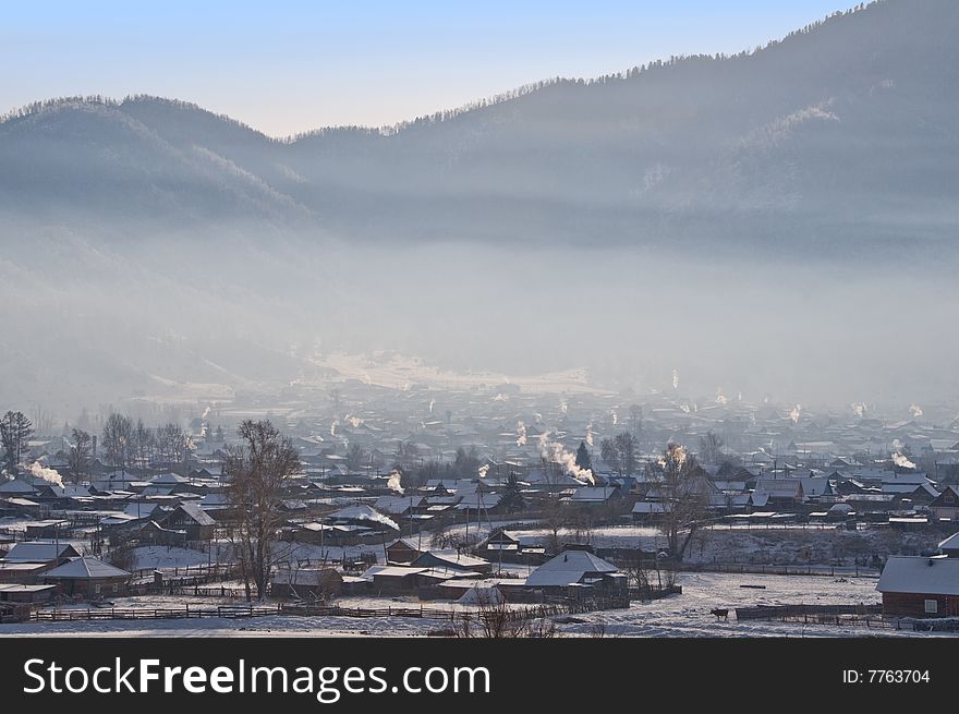 Winter morning in village Ongudaj. The Top view. Winter morning in village Ongudaj. The Top view.