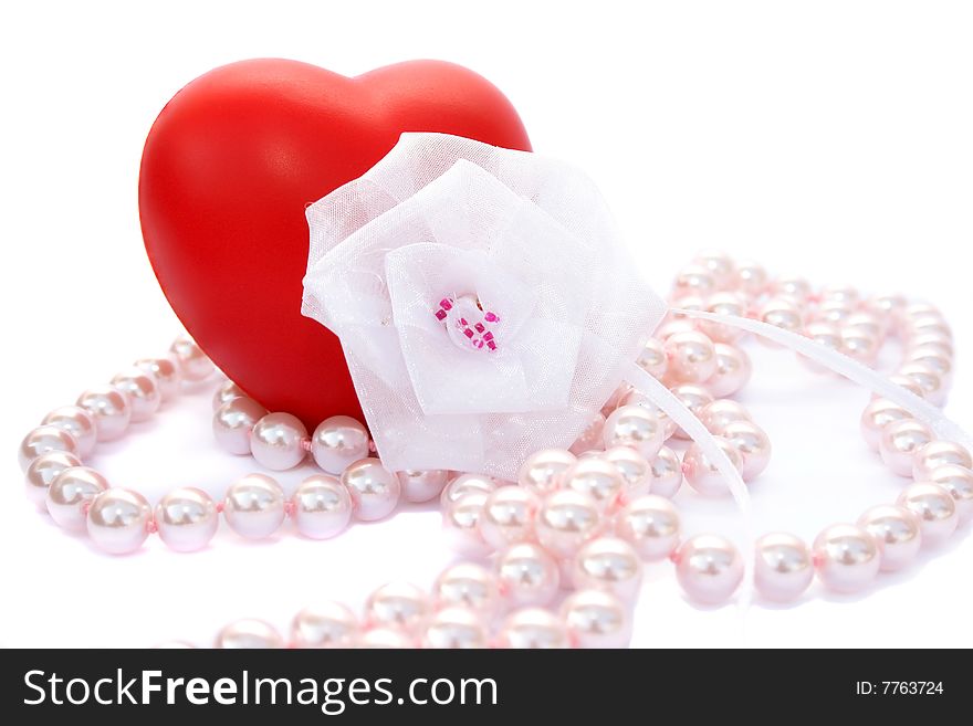 Red valentine heart,pink pearls,white ribbon.