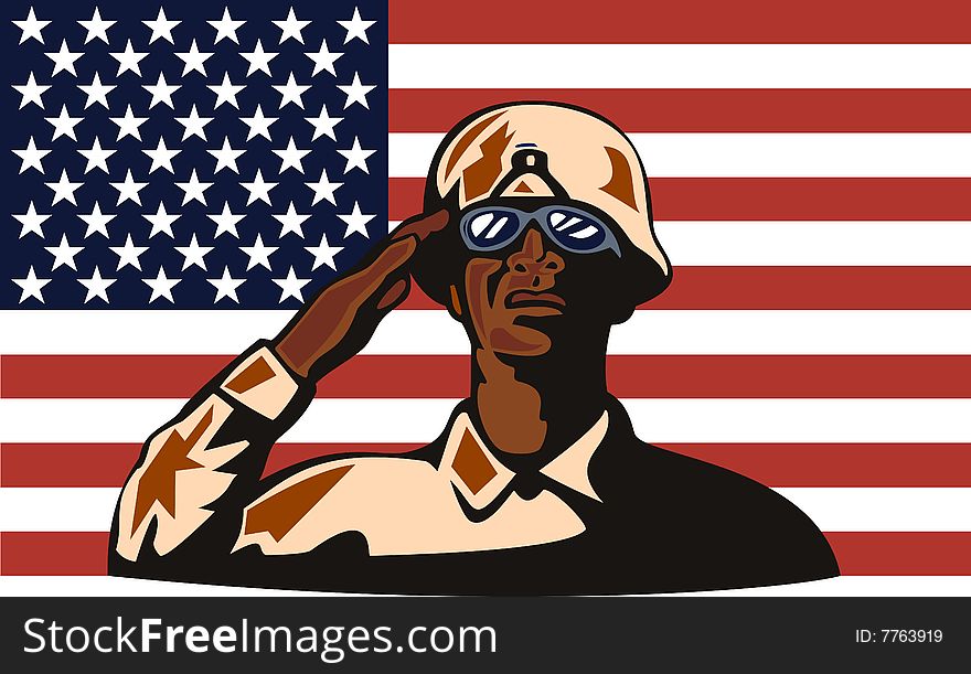 Vector art of an American Military serviceman with flg in the background. Vector art of an American Military serviceman with flg in the background