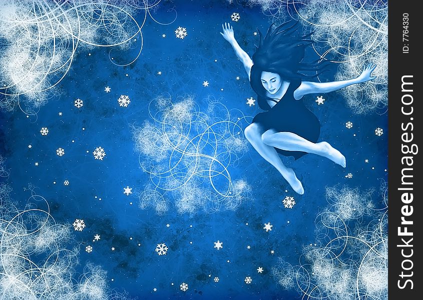 Illustration of a snow queen jumping in snow. Illustration of a snow queen jumping in snow