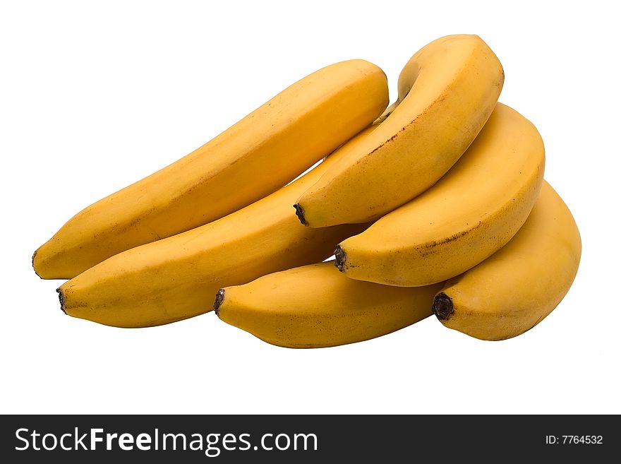 Yellow ripe bananas isolated on a white background. No shadows.