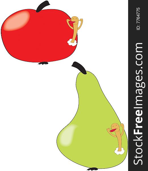 Funny illustration of fruits apple and pear with a worm
