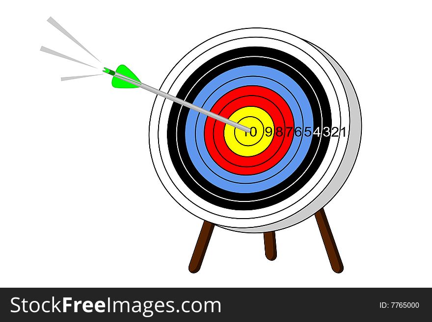 A arrow hits the bullseye on a target. A arrow hits the bullseye on a target